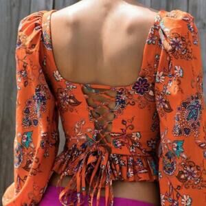 Alix of Bohemia | Lila Orange Botanical Peplum Top XS